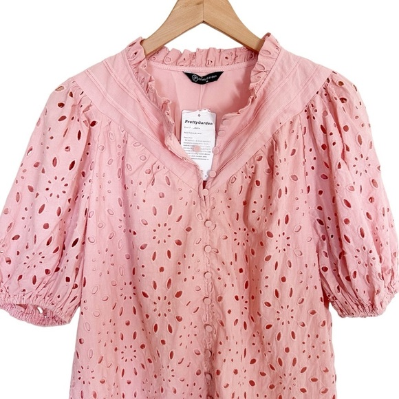 Pretty Garden Eyelet Short Lantern Puffy Sleeve  Blouse Size Medium Dusty Pink - Picture 6 of 9